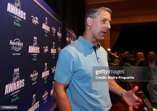 Head Coach Jared Bednar of the Colorado Avalanche speaks during media availability at the Hard Rock Hotel & Casino on June 19, 2018 in Las Vegas,...