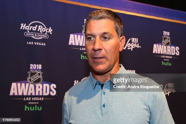 Head Coach Jared Bednar of the Colorado Avalanche speaks during media availability at the Hard Rock Hotel & Casino on June 19, 2018 in Las Vegas,...