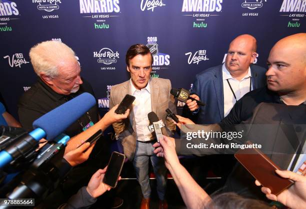 General Manager George McPhee of the Vegas Golden Knights speaks during media availability at the Hard Rock Hotel & Casino on June 19, 2018 in Las...