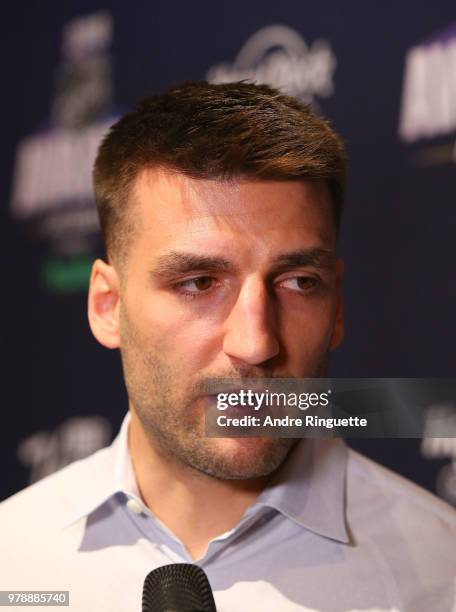 Patrice Bergeron of the Boston Bruins speaks during media availability at the Hard Rock Hotel & Casino on June 19, 2018 in Las Vegas, Nevada.