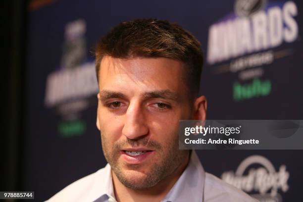 Patrice Bergeron of the Boston Bruins speaks during media availability at the Hard Rock Hotel & Casino on June 19, 2018 in Las Vegas, Nevada.