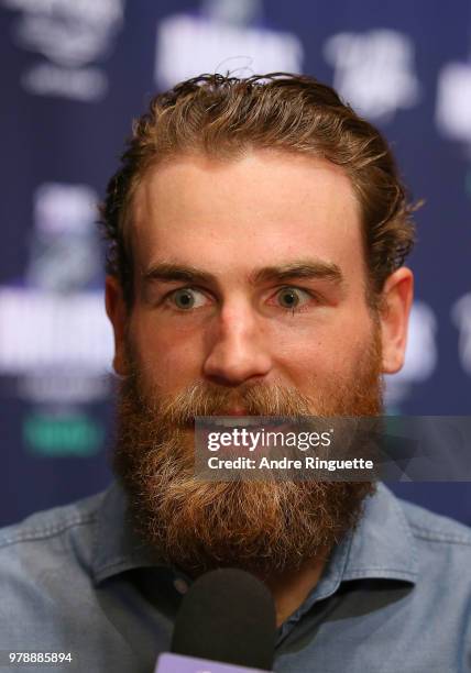 Ryan O'Reilly of the Buffalo Sabres speaks during media availability at the Hard Rock Hotel & Casino on June 19, 2018 in Las Vegas, Nevada.