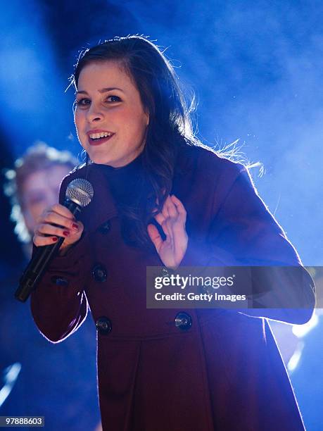 German singer Lena Meyer-Landrut performs on stage during the 'TV Total Wok WM 2010' on March 19, 2010 in Oberhof, Germany.