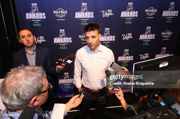 Patrice Bergeron of the Boston Bruins speaks during media availability at the Hard Rock Hotel & Casino on June 19, 2018 in Las Vegas, Nevada.