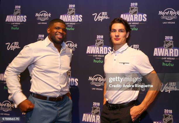 Subban of the Nashville Predators and Mathew Barzal of the New York Islanders attend media availability at the Hard Rock Hotel & Casino on June 19,...