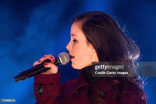 German singer Lena Meyer-Landrut performs on stage during the 'TV Total Wok WM 2010' on March 19, 2010 in Oberhof, Germany.