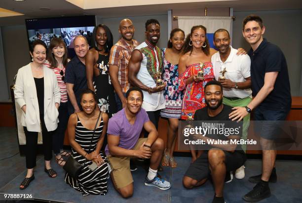 Composers Lynn Ahrens and Stephen Flaherty with company members and winners Rodrick Covington, Cassondra James, T. Oliver Reid, and Grasan Kingsberry...
