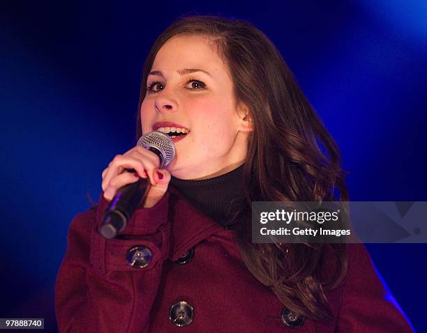 German singer Lena Meyer-Landrut performs on stage during the 'TV Total Wok WM 2010' on March 19, 2010 in Oberhof, Germany.