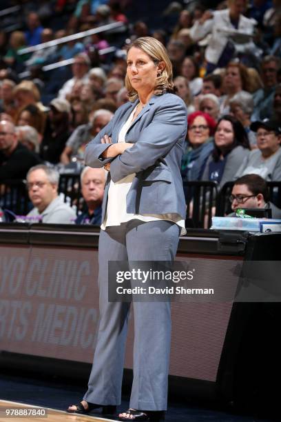 Head Coach Cheryl Reeve looks on during the game against the Dallas Wings on June 19, 2018 at Target Center in Minneapolis, Minnesota. NOTE TO USER:...