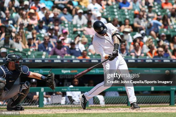 Nicholas Castellanos of the Detroit Tigers bats during a MLB game against the Minnesota Twins at Comerica Park on June 14, 2018 in Detroit, Michigan.