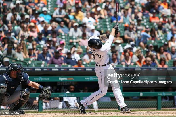 Nicholas Castellanos of the Detroit Tigers bats during a MLB game against the Minnesota Twins at Comerica Park on June 14, 2018 in Detroit, Michigan.