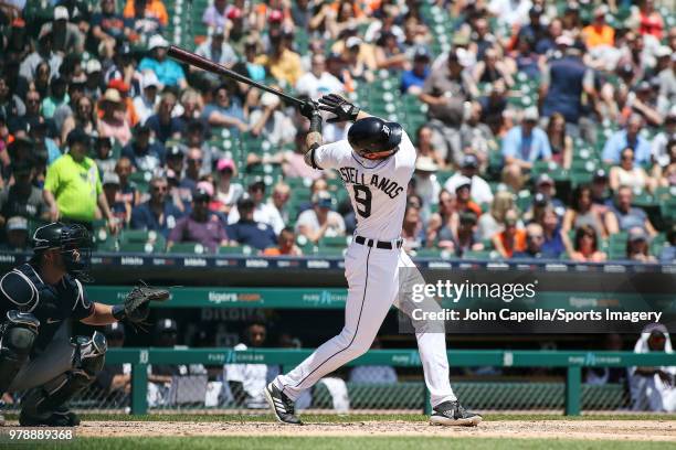 Nicholas Castellanos of the Detroit Tigers bats during a MLB game against the Minnesota Twins at Comerica Park on June 14, 2018 in Detroit, Michigan.