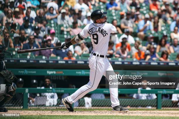 Nicholas Castellanos of the Detroit Tigers bats during a MLB game against the Minnesota Twins at Comerica Park on June 14, 2018 in Detroit, Michigan.
