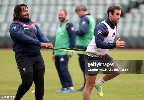 France's rugby captain Mathieu Bastareaud and Morgan Parra attend a training session at the QBE Stadium in Auckland on June 20 ahead of their third...