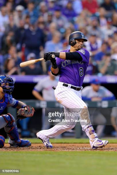 Gerardo Parra of the Colorado Rockies bats during a game against the New York Mets at Coors Field on Monday, June 18, 2018 in Denver, Colorado.