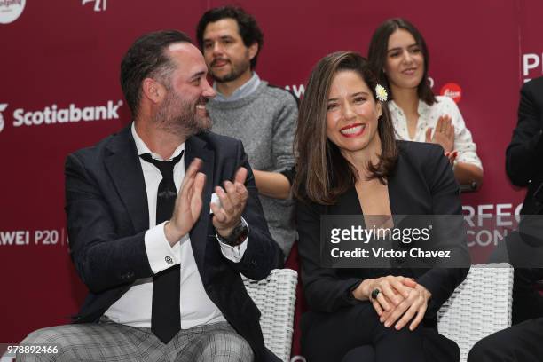 Miguel Mier and Ana Claudia Talancon attend a press conference to promote the film "Perfectos Desconocidos" at Condesa DF Hotel on June 19, 2018 in...