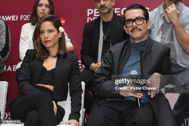 Ana Claudia Talancon and Film director Manolo Caro attend a press conference to promote the film "Perfectos Desconocidos" at Condesa DF Hotel on June...