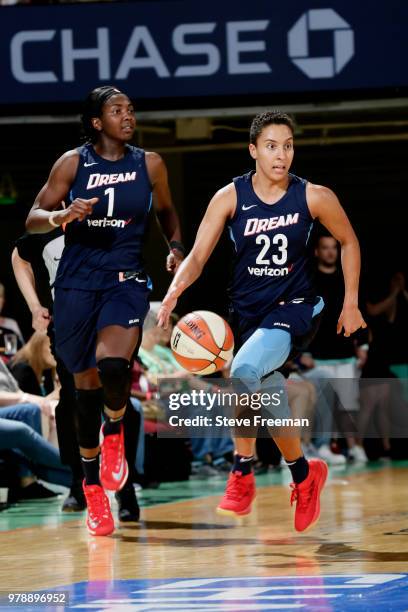 Layshia Clarendon of the Atlanta Dream handles the ball against the New York Liberty on June 19, 2018 at Westchester County Center in White Plains,...