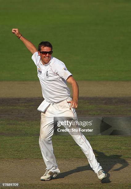 England bowler Graeme Swann celebrates a wicket during day one of the 2nd Test match between Bangladesh and England at Shere-e-Bangla National...