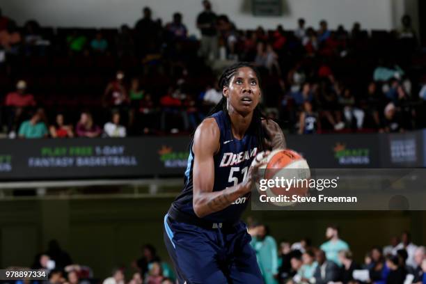 Jessica Breland of the Atlanta Dream shoots the ball against the New York Liberty on June 19, 2018 at Westchester County Center in White Plains, New...