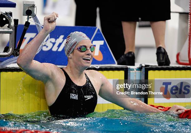 Emily Seebohm of Queensland celebrates after winning the Womens 50m Backstroke during day five of the 2010 Australian Swimming Championships at...