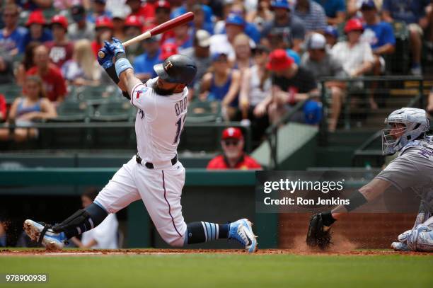 Rougned Odor of the Texas Rangers strikes out against the Colorado Rockies at Globe Life Park in Arlington on June 17, 2018 in Arlington, Texas. The...