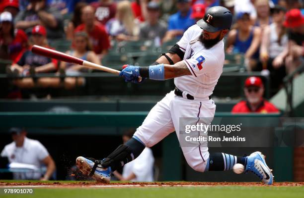 Rougned Odor of the Texas Rangers strikes out against the Colorado Rockies at Globe Life Park in Arlington on June 17, 2018 in Arlington, Texas. The...