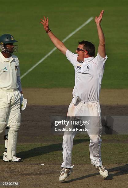 England bowler Graeme Swann celebrates a wicket during day one of the 2nd Test match between Bangladesh and England at Shere-e-Bangla National...