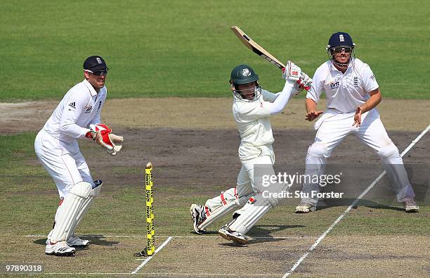 Bangladesh batsman Mushfiqur Rahim picks up some runs watched by Matt Prior and Ian Bell during day one of the 2nd Test match between Bangladesh and...