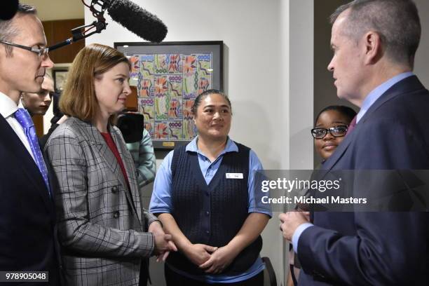 The Leader of the Opposition Bill Shorten, joined by Shadow Ministers Andrew Leigh and Julie Collins, visits the Goodwin Village aged care facility...