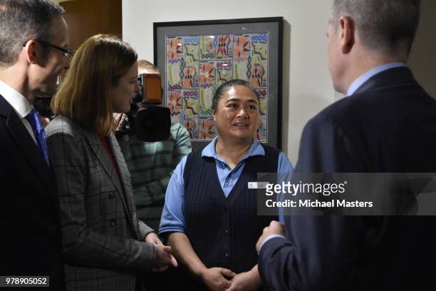 The Leader of the Opposition Bill Shorten, joined by Shadow Ministers Andrew Leigh and Julie Collins, visits the Goodwin Village aged care facility...