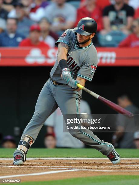 Arizona Diamondbacks left fielder David Peralta drives in a run during the first inning of a game against the Los Angeles Angels of Anaheim played on...