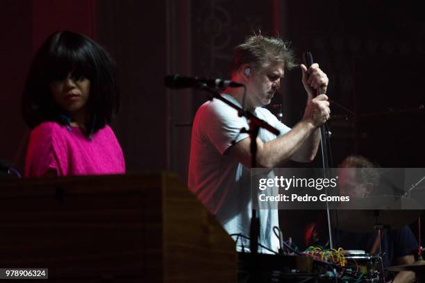 Nancy Whang and James Murphy of LCD Soundsystem perform at the Lisbon Coliseum on June 19, 2018 in Lisbon, Portugal.