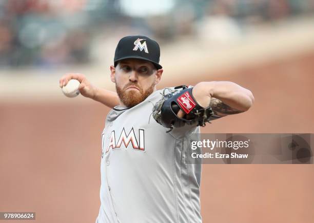 Dan Straily of the Miami Marlins pitches against the San Francisco Giants in the first inning at AT&T Park on June 19, 2018 in San Francisco,...