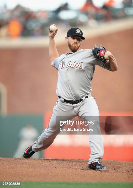 Dan Straily of the Miami Marlins pitches against the San Francisco Giants in the first inning at AT&T Park on June 19, 2018 in San Francisco,...