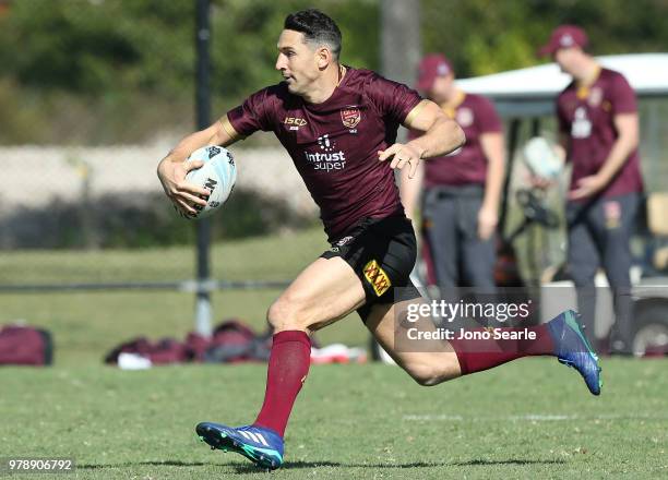 Billy Slater runs during a Queensland Maroons State of Origin training session at Sanctuary Cove on June 20, 2018 in Brisbane, Australia.