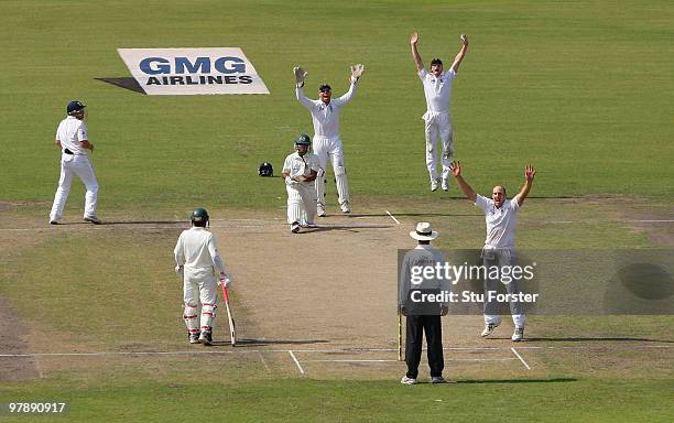 England bowler James Tredwell appeals with success for the wicket of Shakib Al Hasan during day one of the 2nd Test match between Bangladesh and...