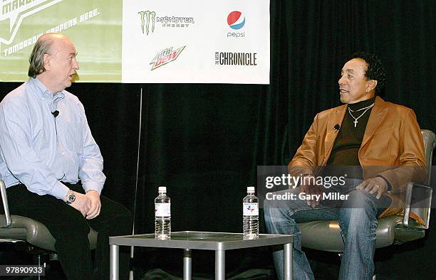 Journalist Dave Marsh interviews vocalist Smokey Robinson for the keynote address during the South By Southwest Msic Festival at the Austin...