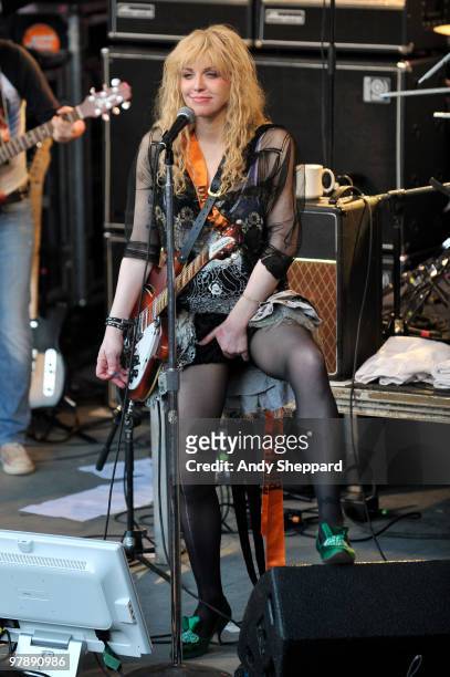 Courtney Love of American Alternative Rock Band Hole performs at Stubb's Ampitheatre during day three of SXSW 2010 Music Festival on March 19, 2010...