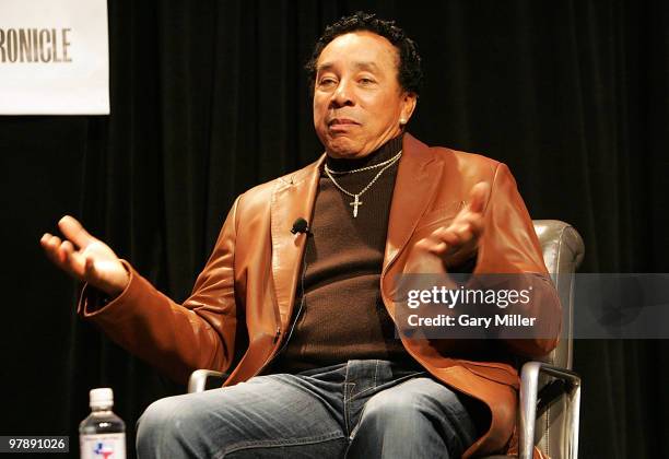 Vocalist Smokey Robinson gives the keynote address for the South By Southwest Msic Festival at the Austin Convention Center on March 18, 2010 in...