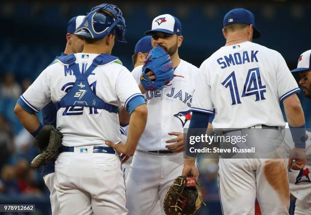 Toronto Blue Jays starting pitcher Jaime Garcia waits to be pulled as the Toronto Blue Jays lose to the Atlanta Braves 11-4 at Rogers Centre in...