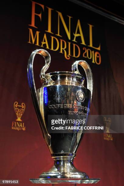 The UEFA Champions League trophy is displayed prior to the draw of the UEFA Champions League quarter-finals at the UEFA headquarters on March 19,...