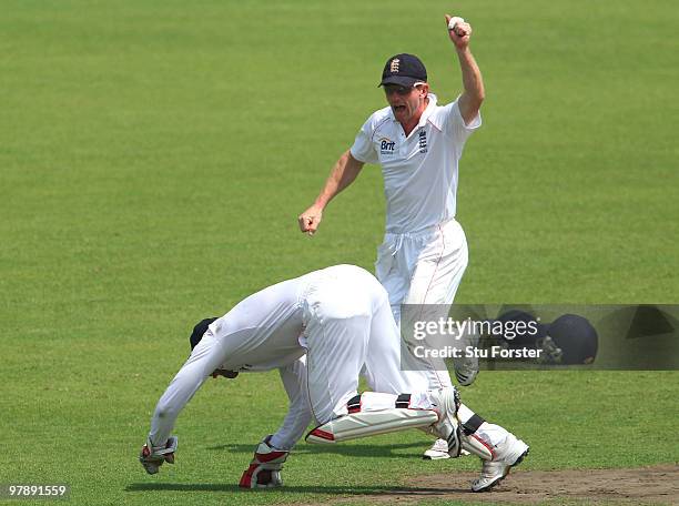 Bangladesh batsman Tamim Iqbal is caught by England wicketkeeper Matt Prior as Paul Collingwood celebrates during day one of the 2nd Test match...
