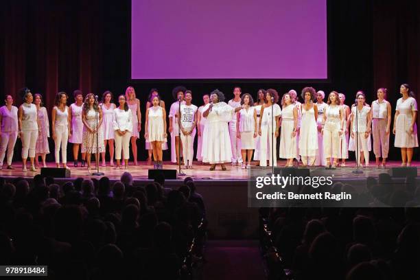 The Resistance Revival Chorus performs onstage during Who We Are: A Chronicle Of Racism In America at Town Hall on June 19, 2018 in New York City.