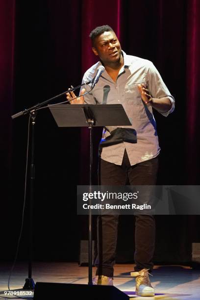 Actor Obi Abili performs onstage during Who We Are: A Chronicle Of Racism In America at Town Hall on June 19, 2018 in New York City.