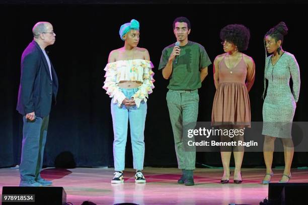 Deputy Legal Director Jeffery Robinson Pamela Vilorio, Edwin Almonte, Jemirah Kirby, and Kaya Mehlomakulu of The Door Kids speak onstage during Who...