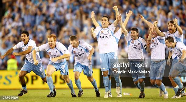 Sydney FC celebrate winning the A-League Grand Final match between the Melbourne Victory and Sydney FC at Etihad Stadium on March 20, 2010 in...
