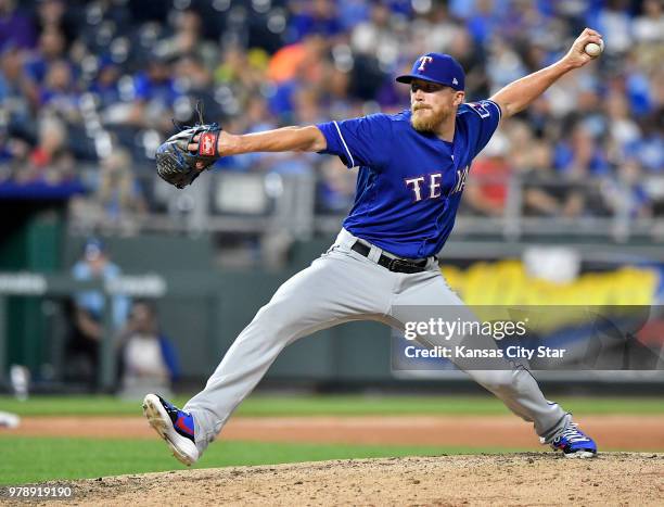 Texas Rangers relief pitcher Jake Diekman throws in the eighth inning against the Kansas City Royals at Kauffman Stadium in Kansas City, Mo., on...