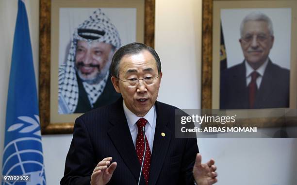 Secretary General Ban Ki-moon speaks during a joint press conference with Palestinian prime minister Salam Fayyad following their meeting in the West...