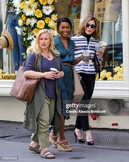 Patricia Arquette, Angela Bassett and Felicity Huffman are seen filming new movie 'Otherhood' in SoHo on June 19, 2018 in New York, New York.